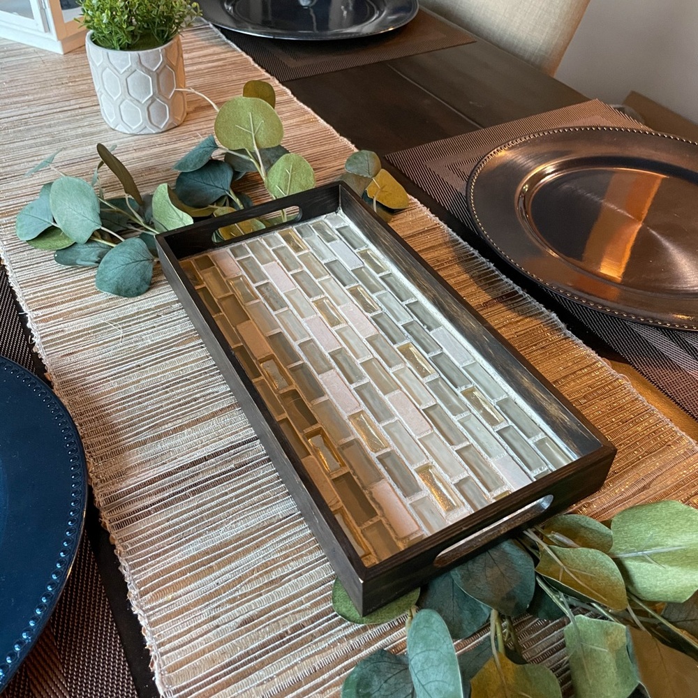 Handmade Wood / mosaic tile serving tray gold pink